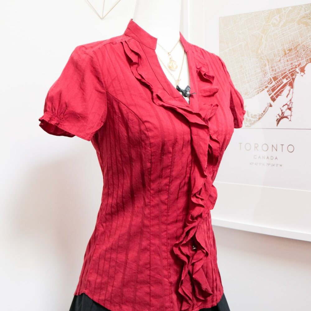 Express Red Ruffle Front Short Sleeve Blouse - Picture 4 of 8